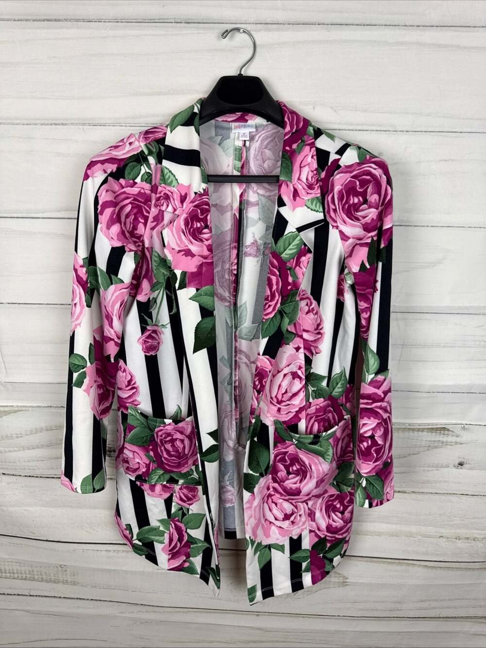 LuLaRoe Black and White Stripe Pink Rose Floral Blazer Jacket